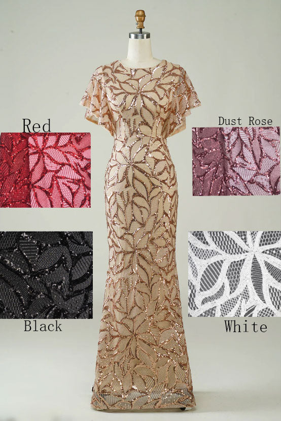 Vestido de fiesta largo color champán con lentejuelas y abertura en la espalda